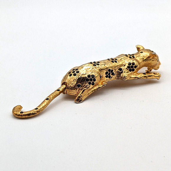 70s Spotted Leopard Brooch w Black Rhinestone Flowers Green Eyes Dangling Tail - Picture 10 of 13